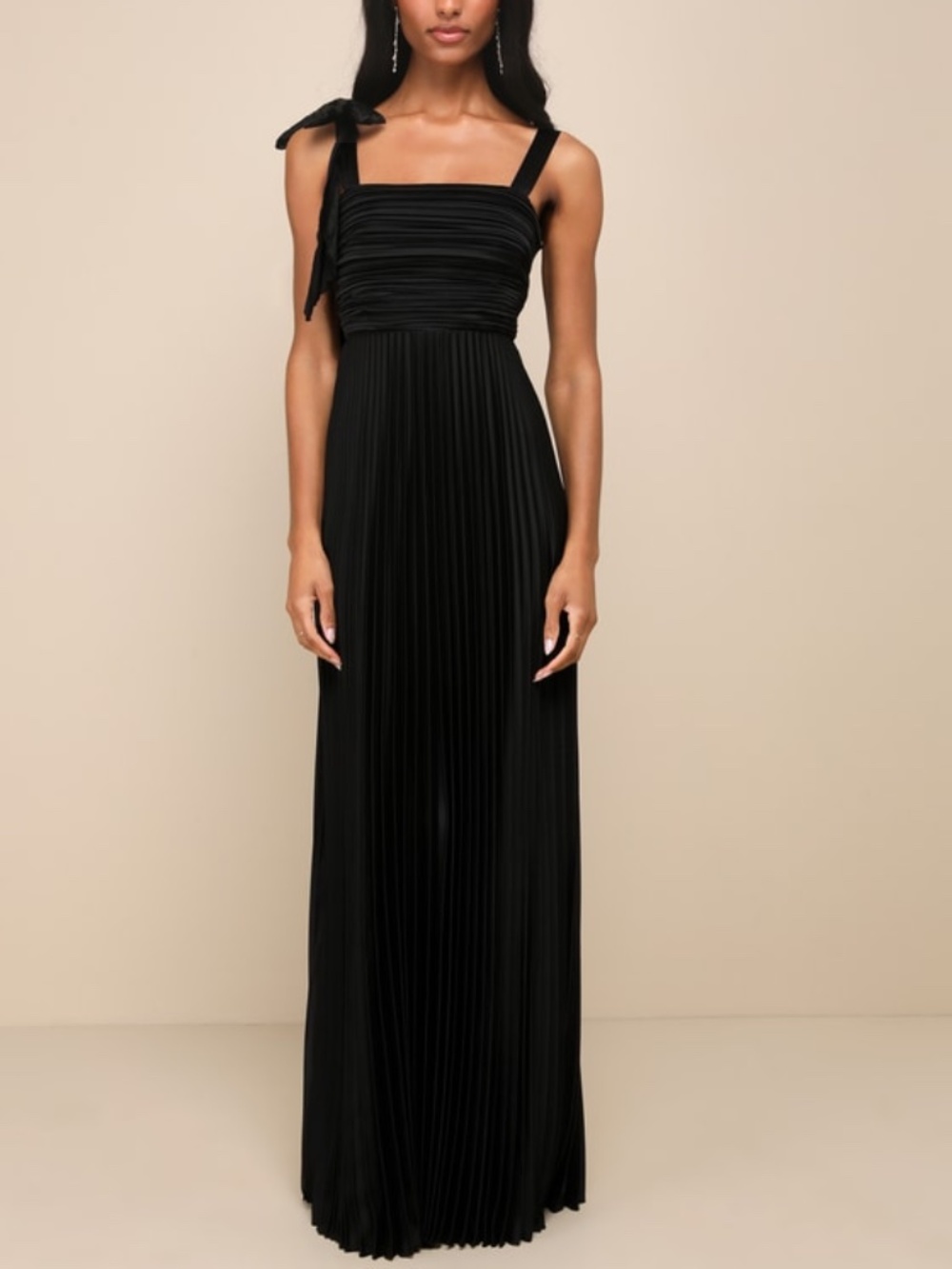Lulus Gorgeous Purpose Black Satin Pleated Sleeveless Bow Maxi Dress - Size M - Picture 1 of 1